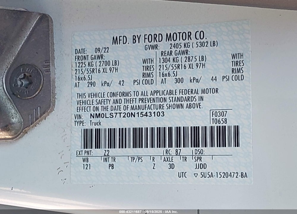 2022 FORD TRANSIT CONNECT VIN: NM0LS7T20N1543103