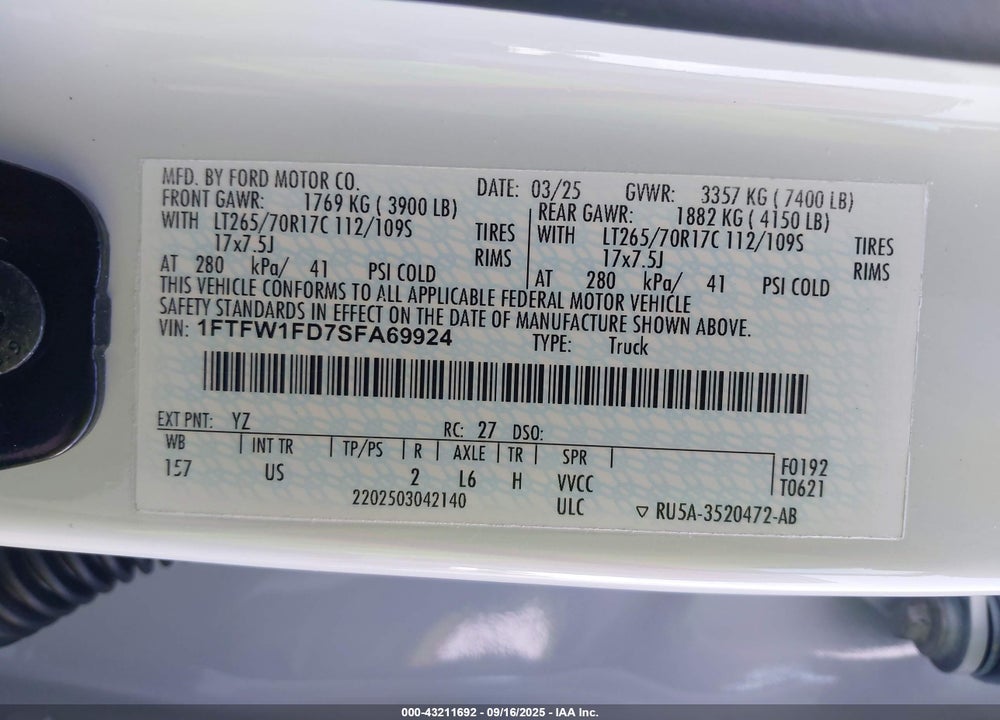 2025 FORD F-150 VIN: 1FTFW1FD7SFA69924