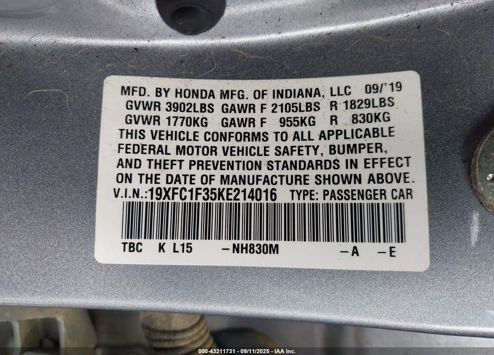 2019 HONDA CIVIC VIN: 19XFC1F35KE214016