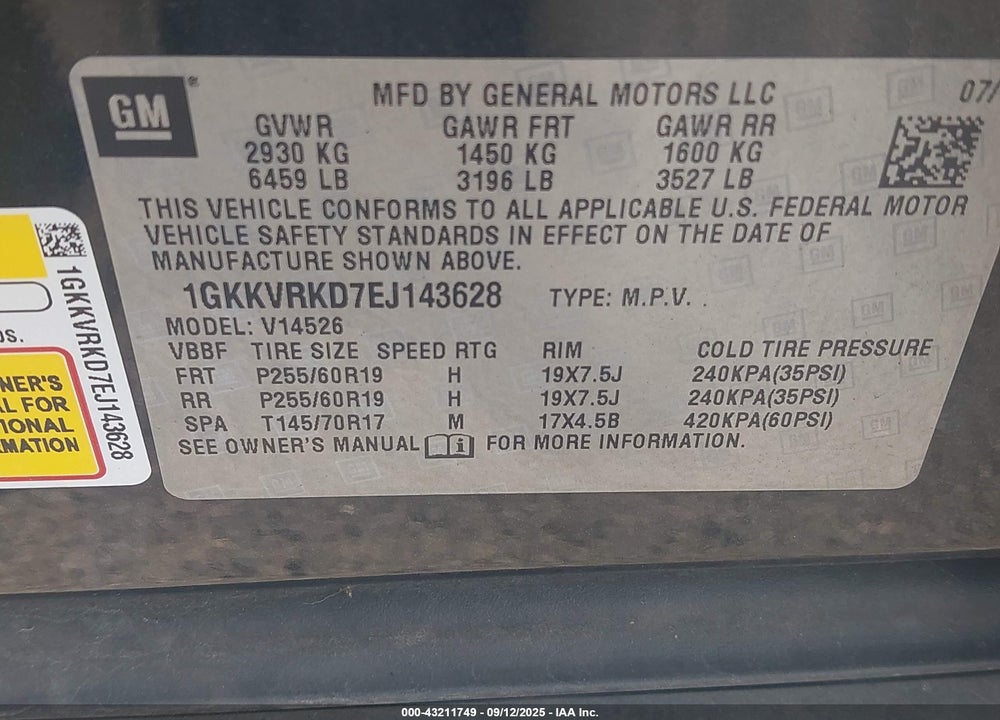 2014 GMC ACADIA SLT-1 VIN: 1GKKVRKD7EJ143628