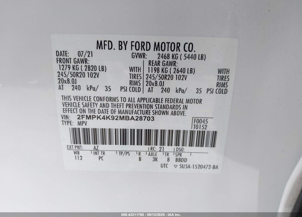 2021 FORD EDGE VIN: 2FMPK4K92MBA28703