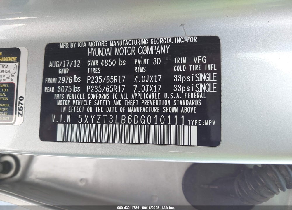 2013 HYUNDAI SANTA FE SPORT VIN: 5XYZT3LB6DG010111