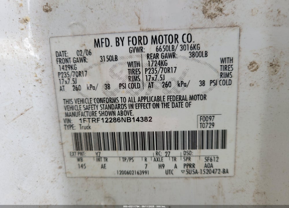 2006 FORD F-150 VIN: 1FTRF12286NB14382