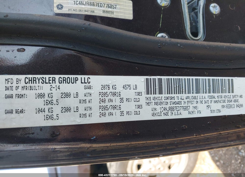 2014 JEEP PATRIOT VIN: 1C4NJRBB7ED776857