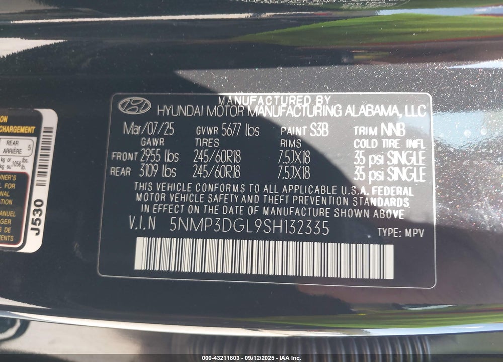 2025 HYUNDAI SANTA FE VIN: 5NMP3DGL9SH132335