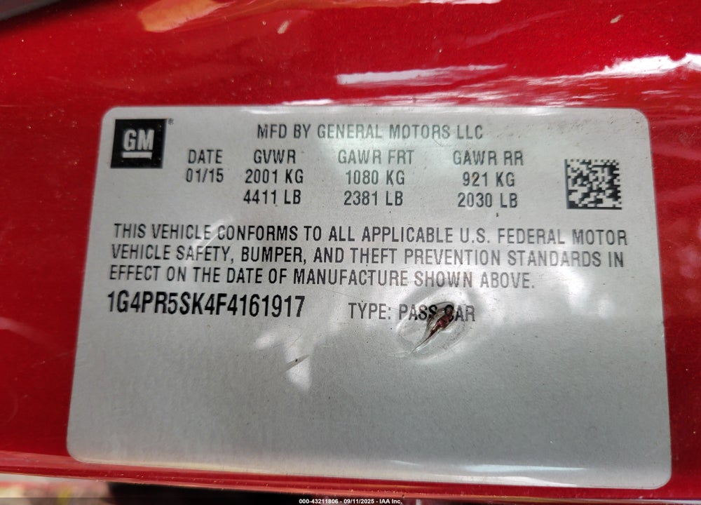 2015 BUICK VERANO VIN: 1G4PR5SK4F4161917