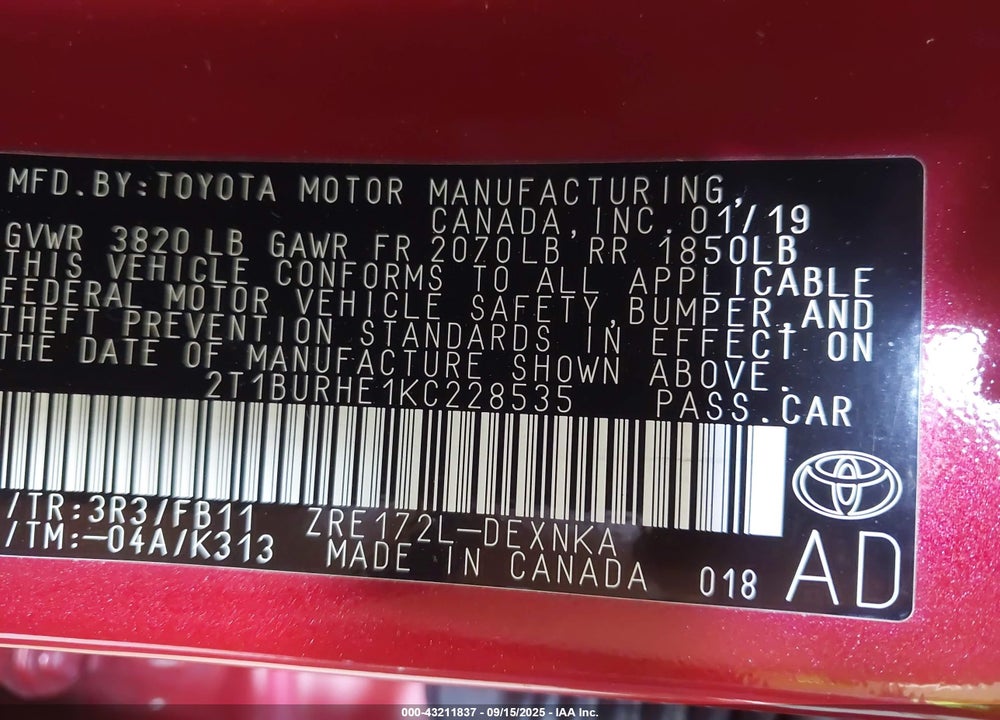 2019 TOYOTA COROLLA LE VIN: 2T1BURHE1KC228535