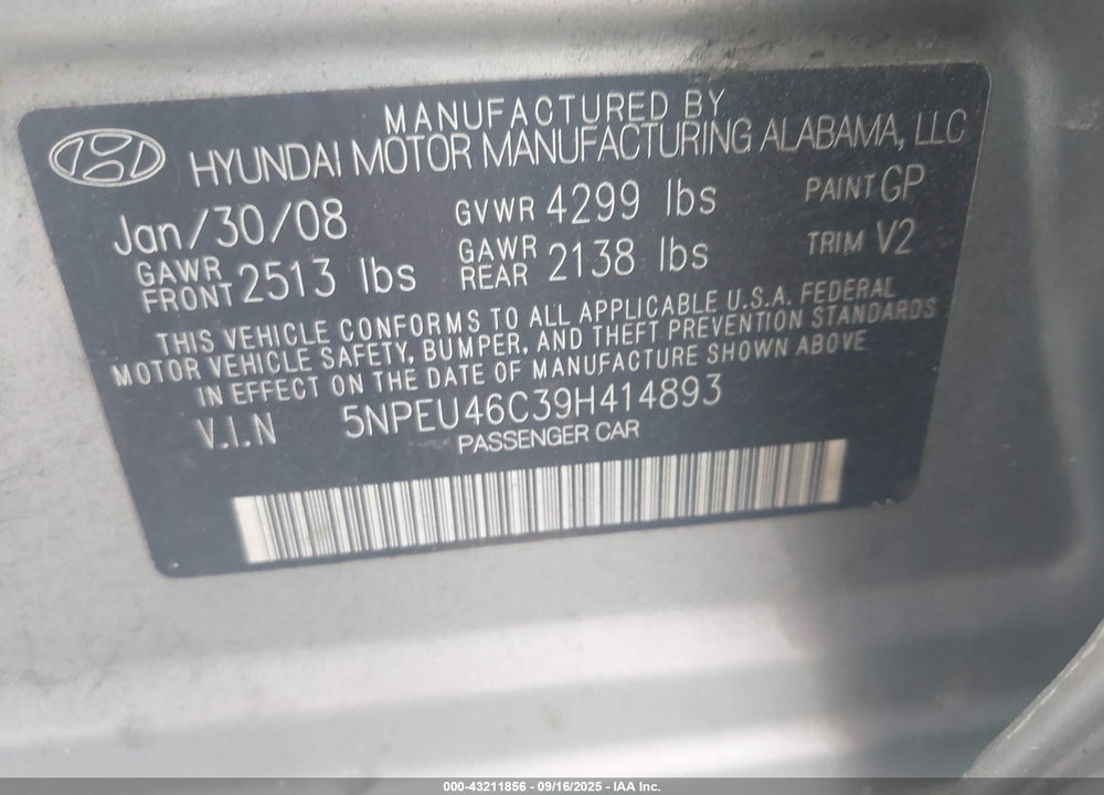 2009 HYUNDAI SONATA VIN: 5NPEU46C39H414893