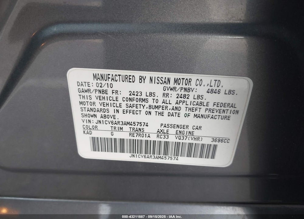 2010 INFINITI G37X VIN: JN1CV6AR3AM457574