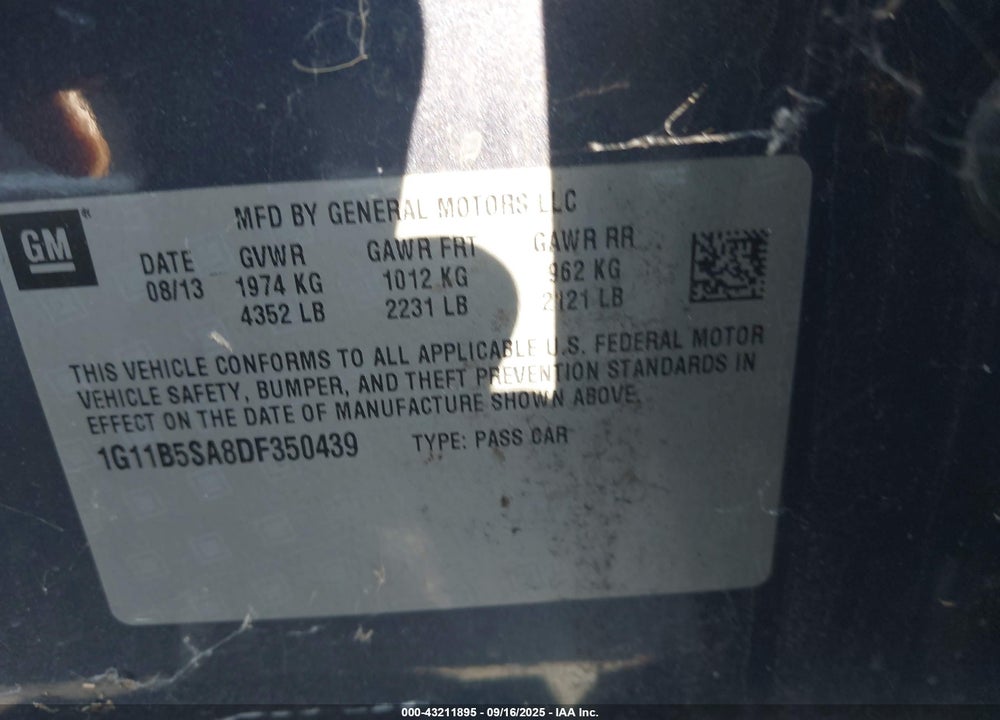 2013 CHEVROLET MALIBU VIN: 1G11B5SA8DF350439