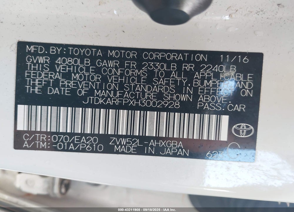 2017 TOYOTA PRIUS PRIME VIN: JTDKARFPXH3002928