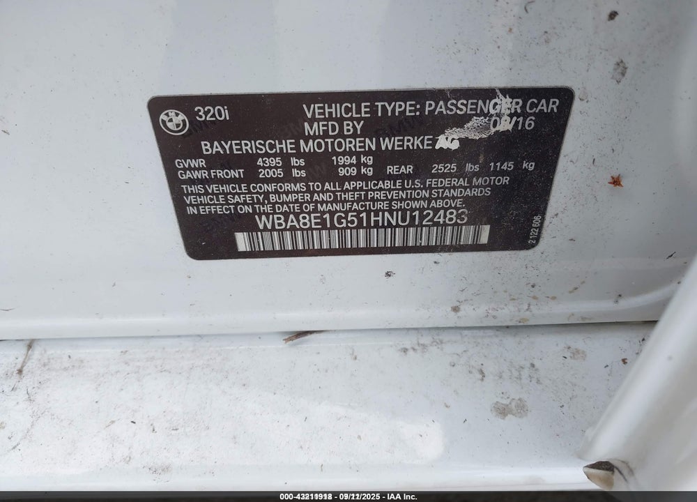 2017 BMW 320I VIN: WBA8E1G51HNU12483