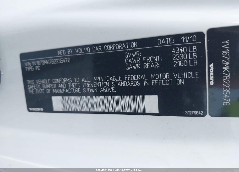 2011 VOLVO C30 VIN: YV1672MK7B2235476