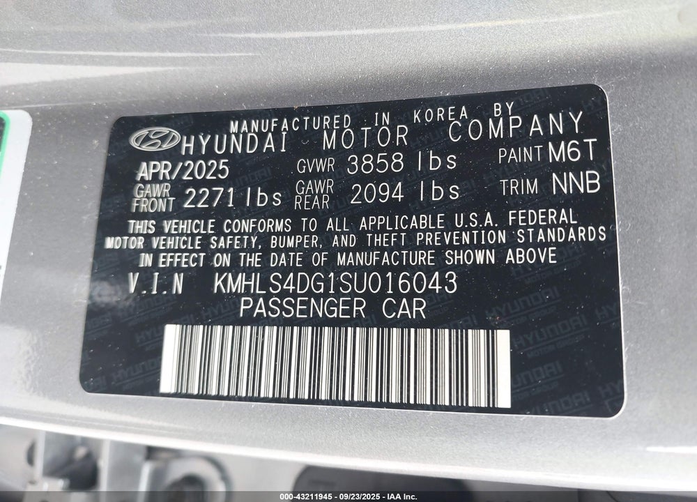 2025 HYUNDAI ELANTRA VIN: KMHLS4DG1SU016043