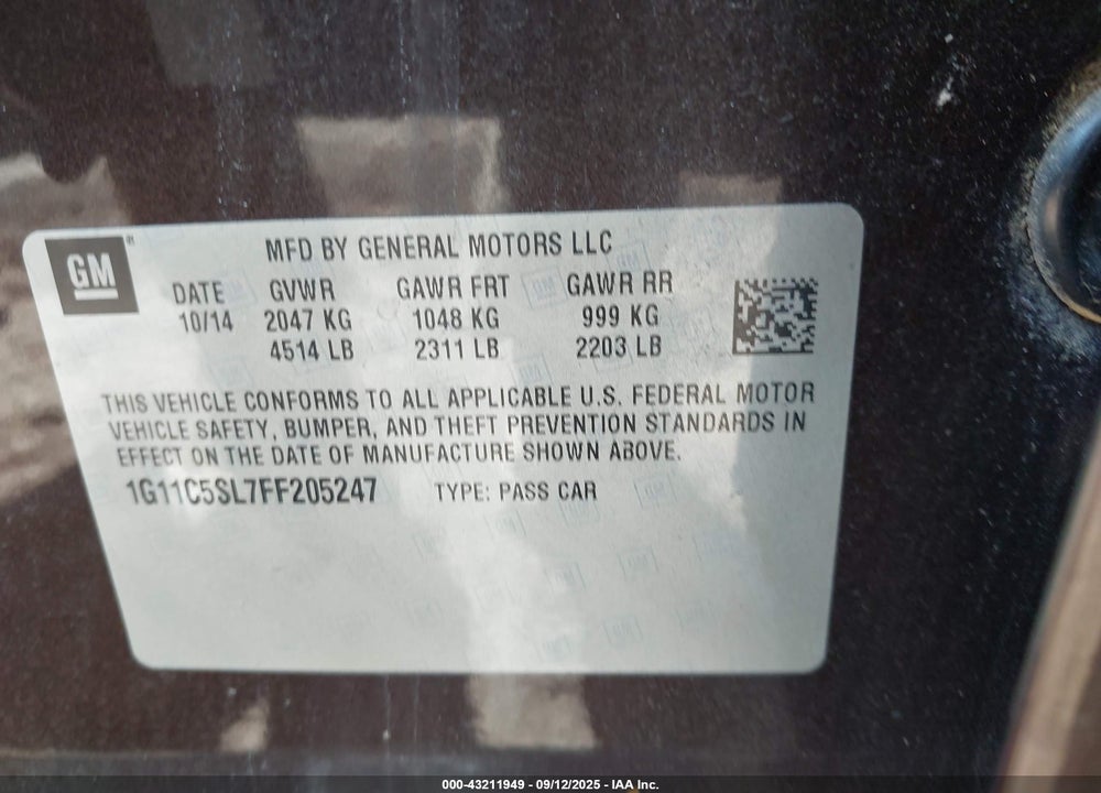 2015 CHEVROLET MALIBU VIN: 1G11C5SL7FF205247