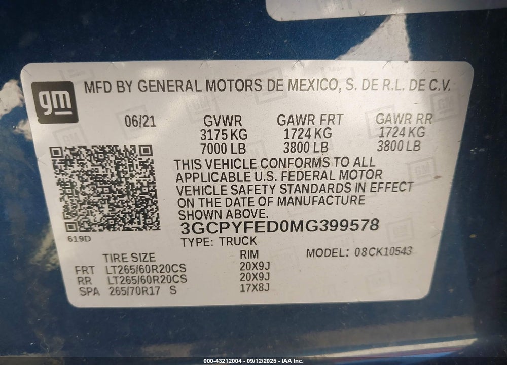 2021 CHEVROLET SILVERADO 1500 VIN: 3GCPYFED0MG399578