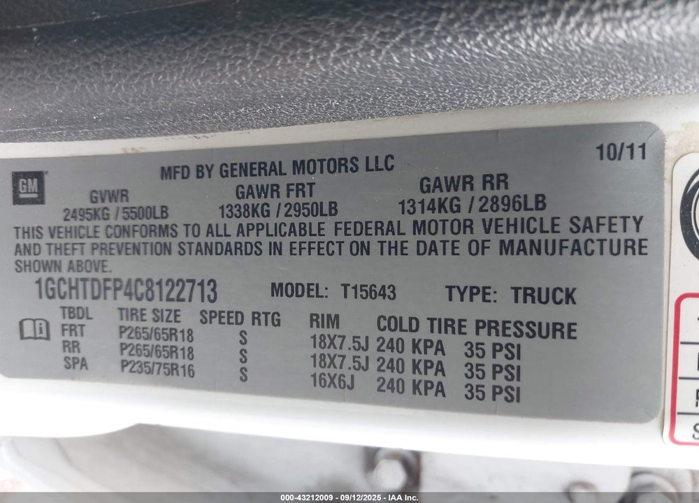 2012 CHEVROLET COLORADO VIN: 1GCHTDFP4C8122713
