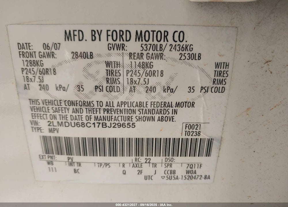 2007 LINCOLN MKX VIN: 2LMDU68C17BJ29655