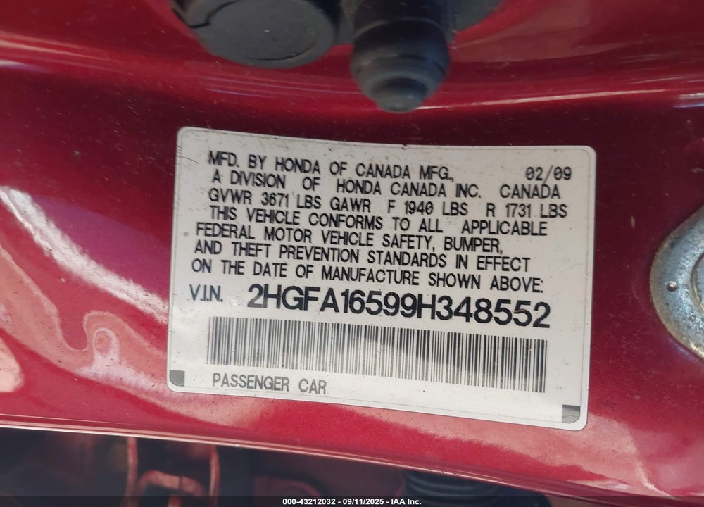 2009 HONDA CIVIC VIN: 2HGFA16599H348552