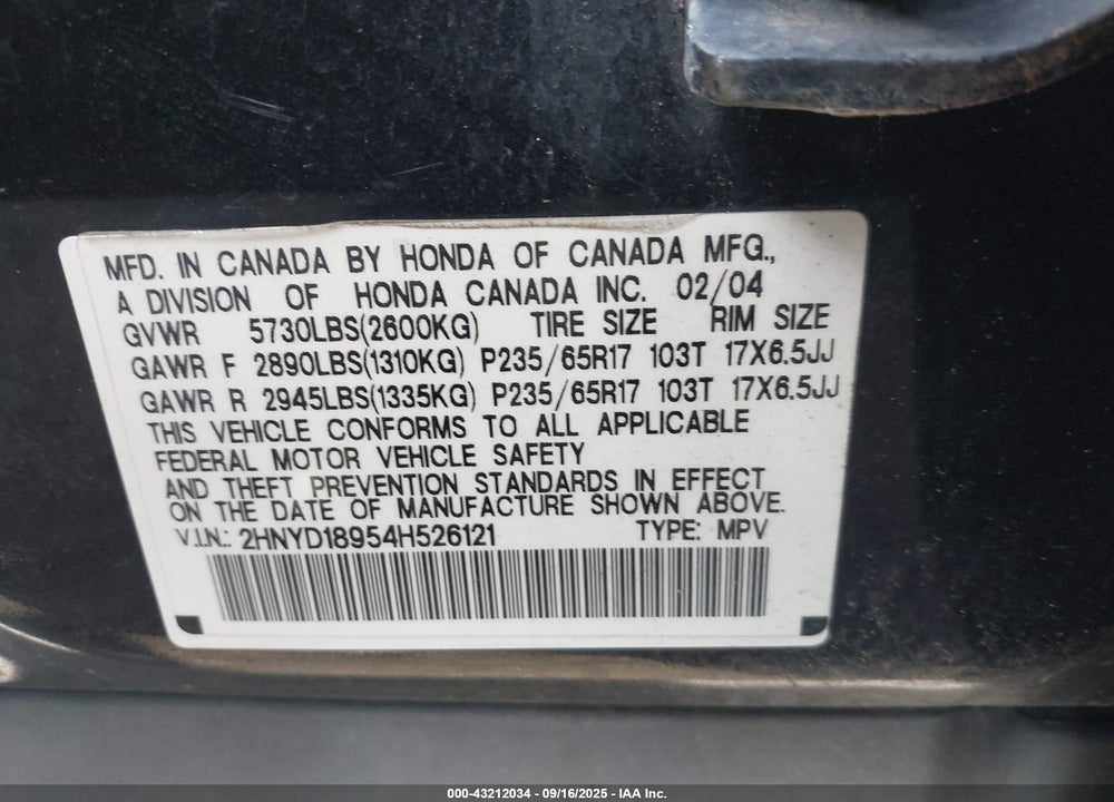 2004 ACURA MDX VIN: 2HNYD18954H526121