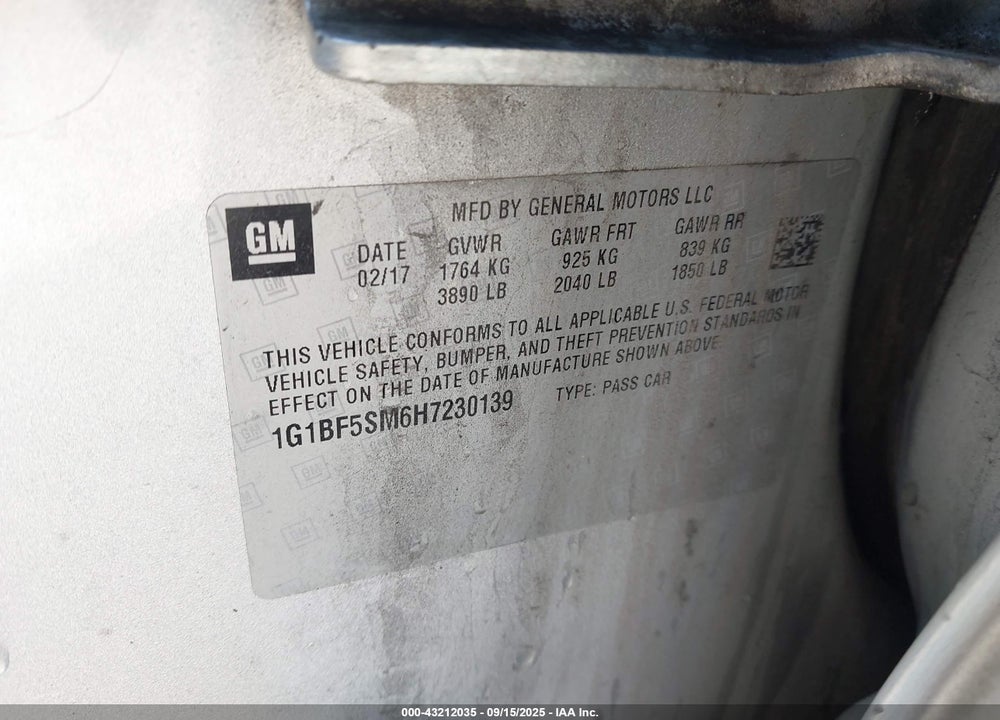 2017 CHEVROLET CRUZE VIN: 1G1BF5SM6H7230139