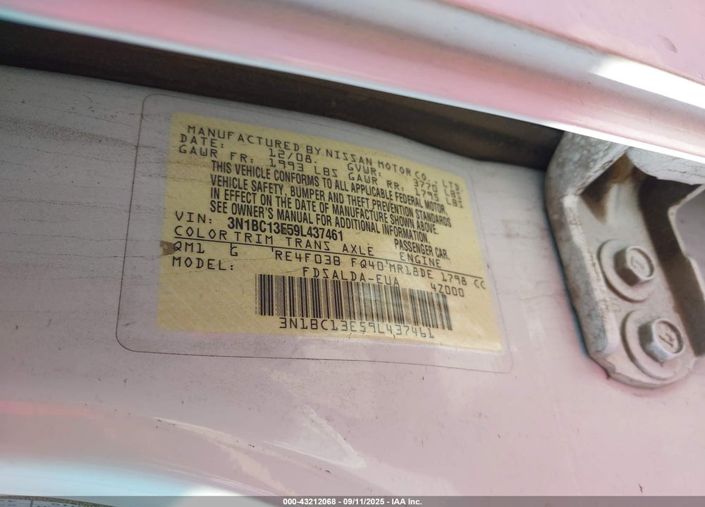 2009 NISSAN VERSA VIN: 3N1BC13E59L437461