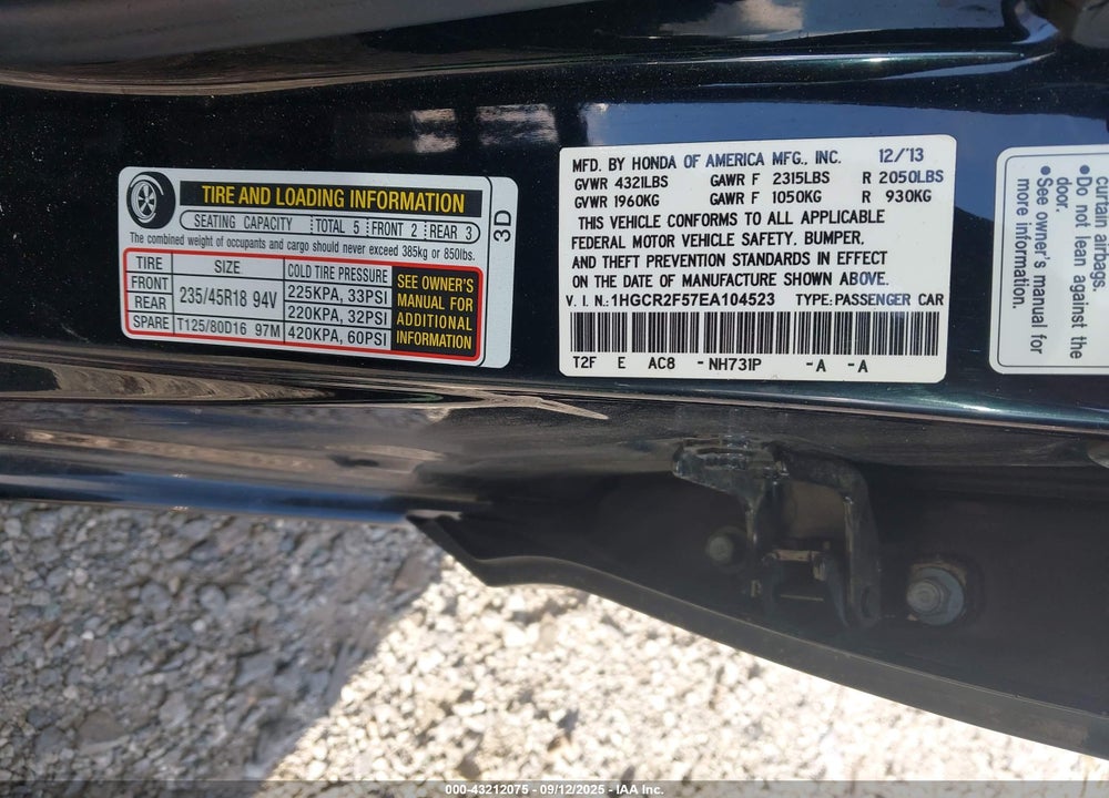 2014 HONDA ACCORD SPORT VIN: 1HGCR2F57EA104523
