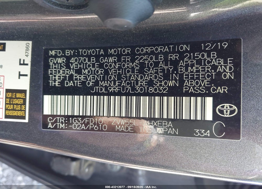 2020 TOYOTA PRIUS VIN: JTDL9RFU7L3018032