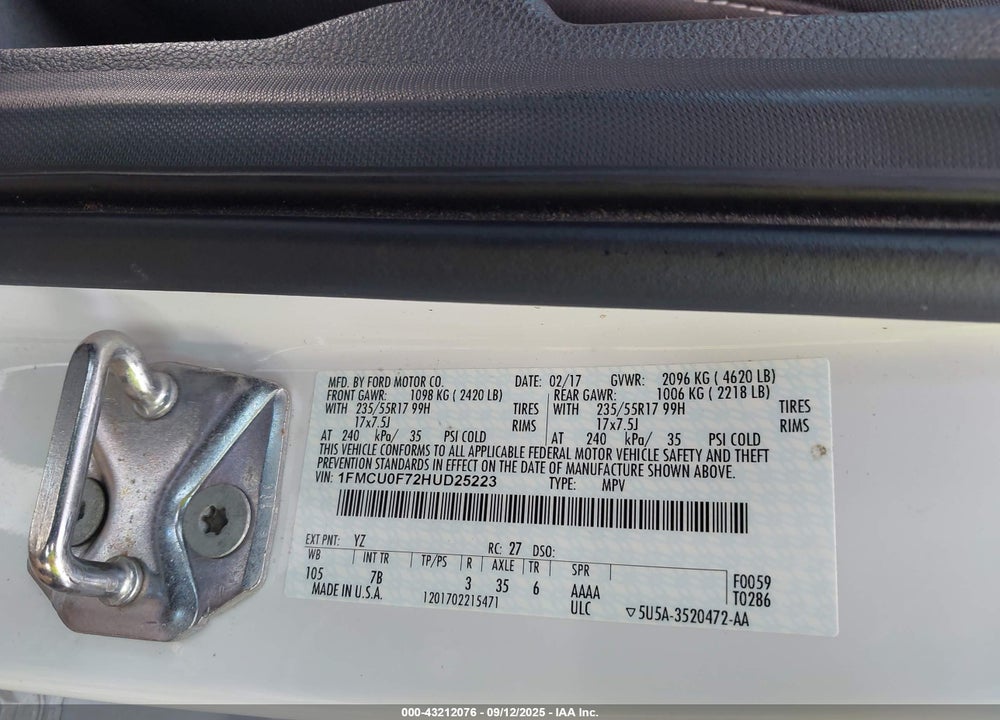 2017 FORD ESCAPE S VIN: 1FMCU0F72HUD25223