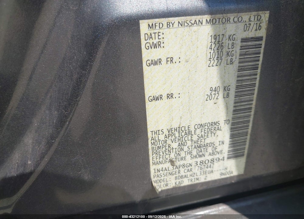2016 NISSAN ALTIMA VIN: 1N4AL3AP8GN380894