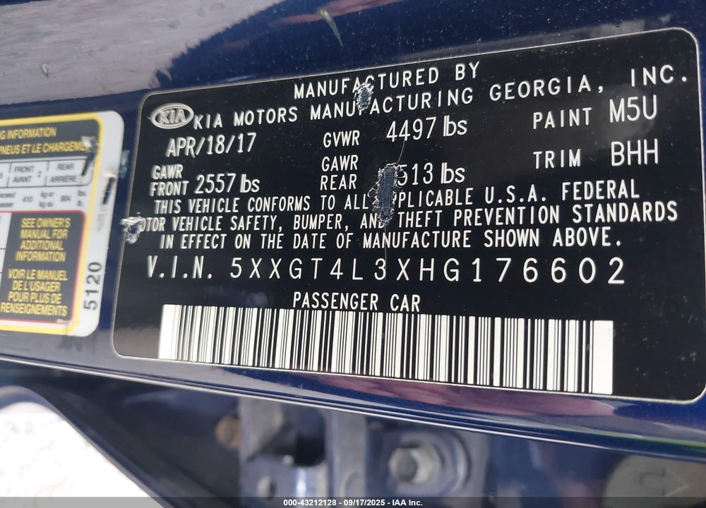 2017 KIA OPTIMA LX VIN: 5XXGT4L3XHG176602