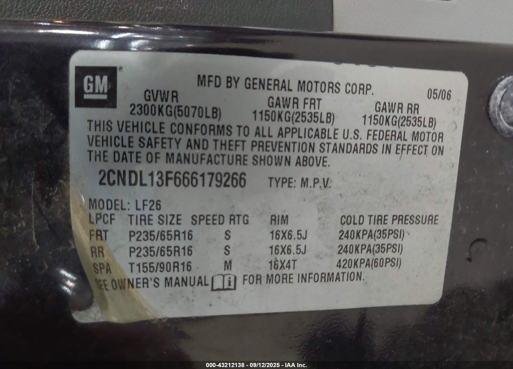 2006 CHEVROLET EQUINOX LS VIN: 2CNDL13F666179266
