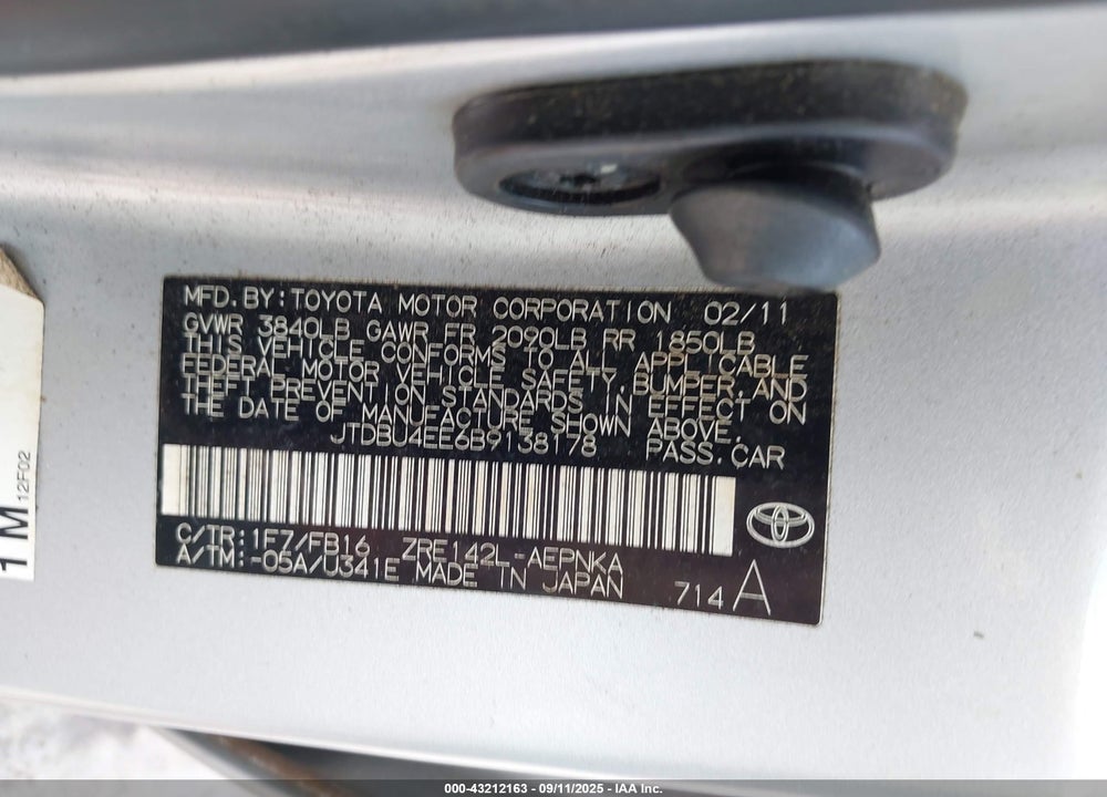 2011 TOYOTA COROLLA VIN: JTDBU4EE6B9138178