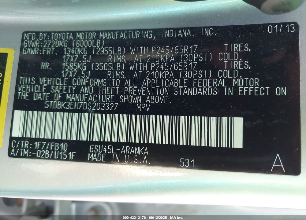 2013 TOYOTA HIGHLANDER VIN: 5TDBK3EH7DS203327