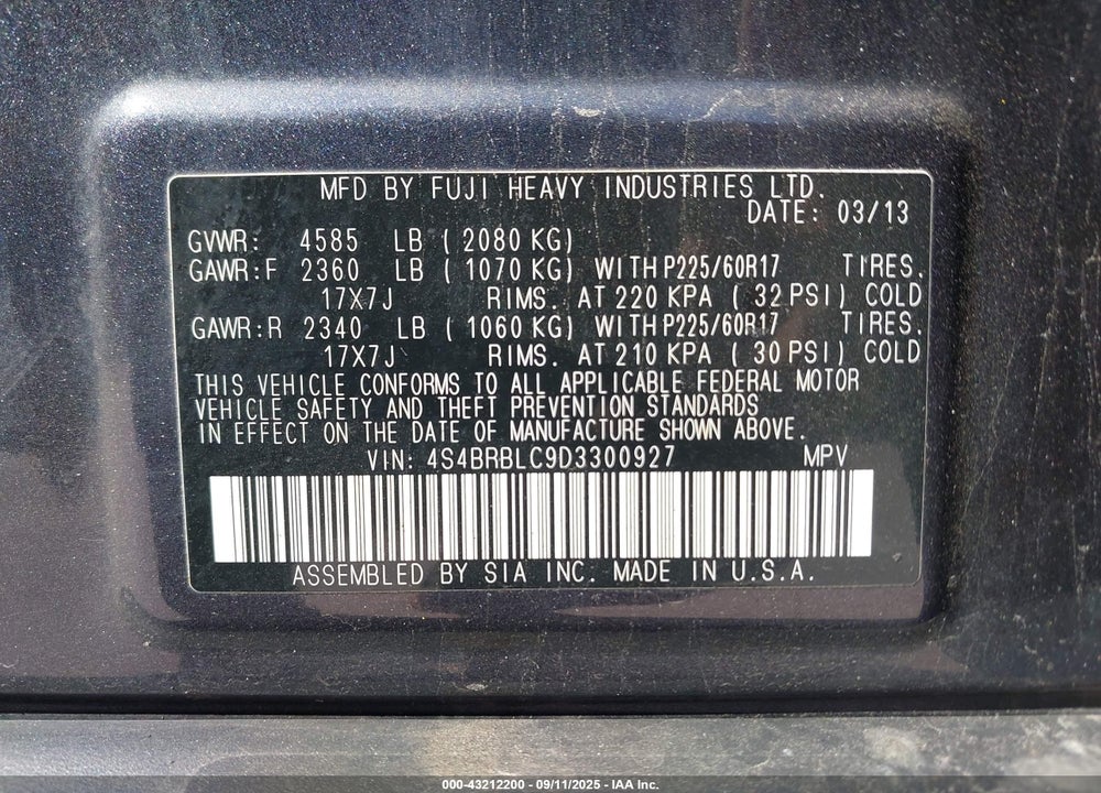2013 SUBARU OUTBACK VIN: 4S4BRBLC9D3300927