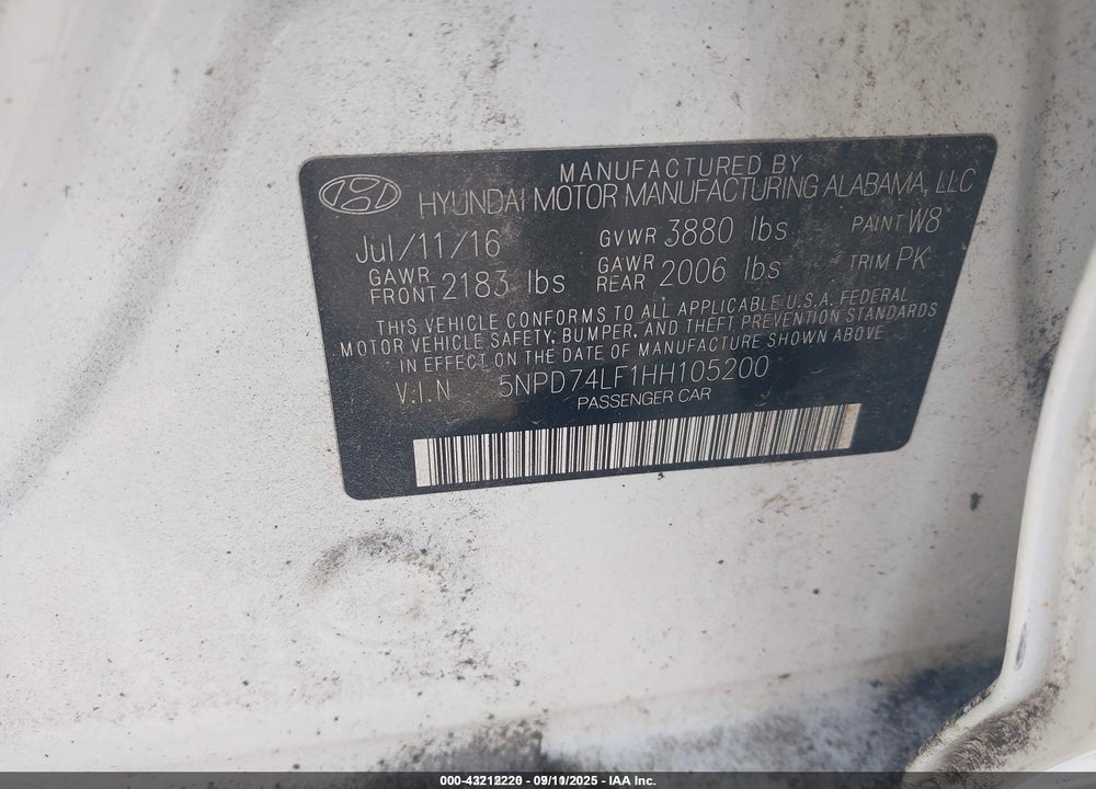 2017 HYUNDAI ELANTRA SE VIN: 5NPD74LF1HH105200