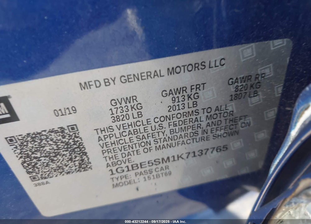 2019 CHEVROLET CRUZE VIN: 1G1BE5SM1K7137765