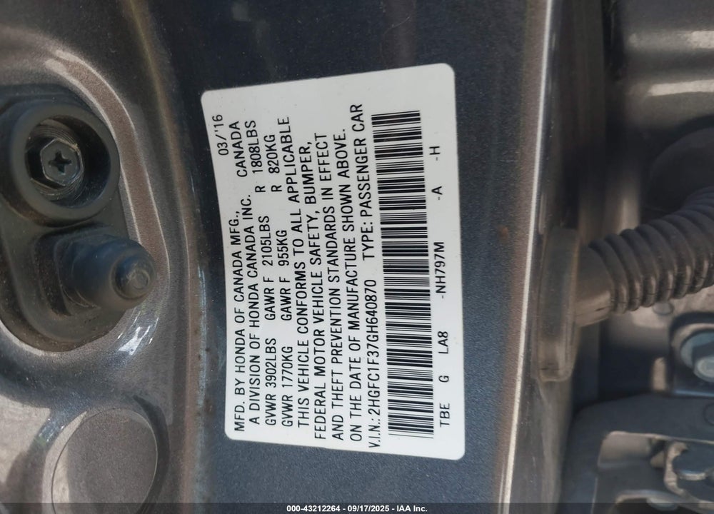 2016 HONDA CIVIC VIN: 2HGFC1F37GH640870