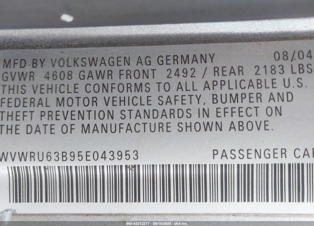 2005 VOLKSWAGEN PASSAT GLX VIN: WVWRU63B95E043953