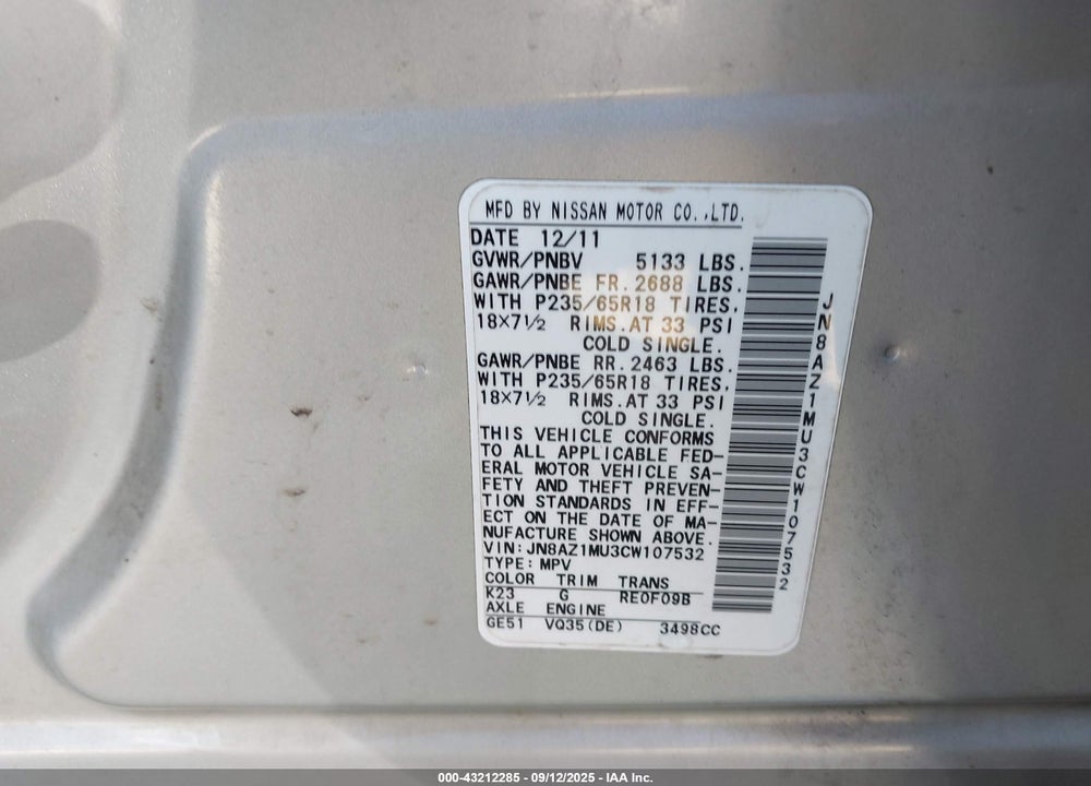 2012 NISSAN MURANO VIN: JN8AZ1MU3CW107532