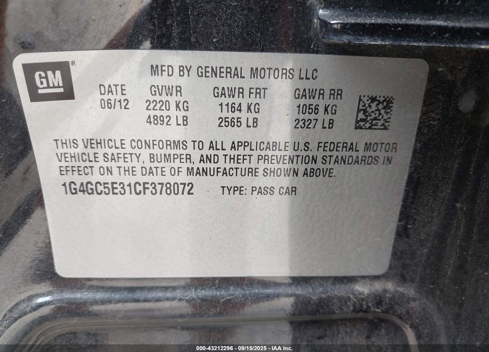 2012 BUICK LACROSSE VIN: 1G4GC5E31CF378072