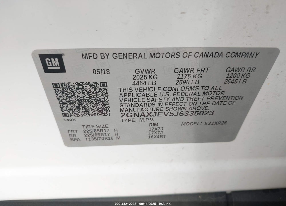 2018 CHEVROLET EQUINOX VIN: 2GNAXJEV5J6335023