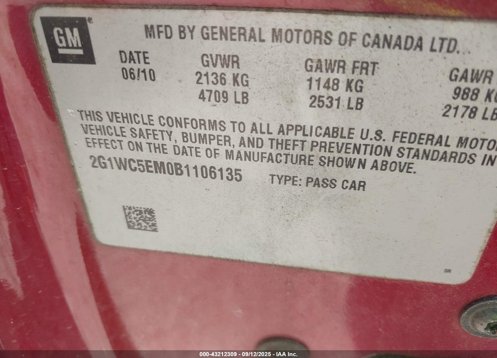 2011 CHEVROLET IMPALA LTZ VIN: 2G1WC5EM0B1106135