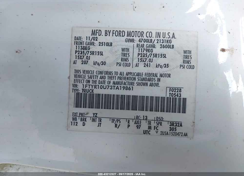 2003 FORD RANGER EDGE/XL/XLT VIN: 1FTYR10U73TA19861