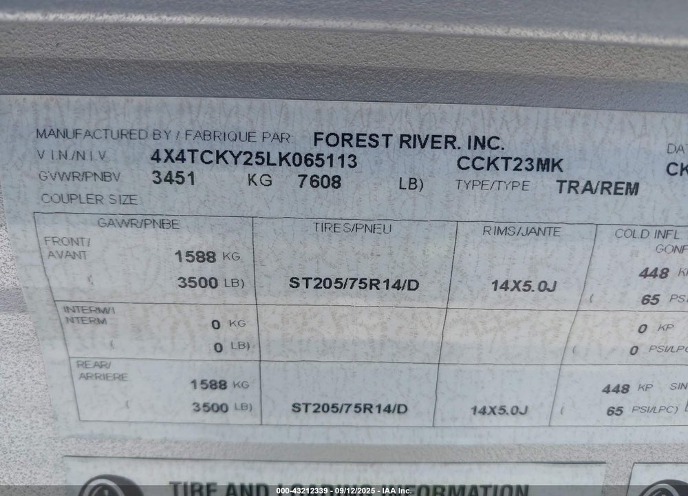 2020 FOREST RIVER GREY WOLF VIN: 4X4TCKY25LK065113