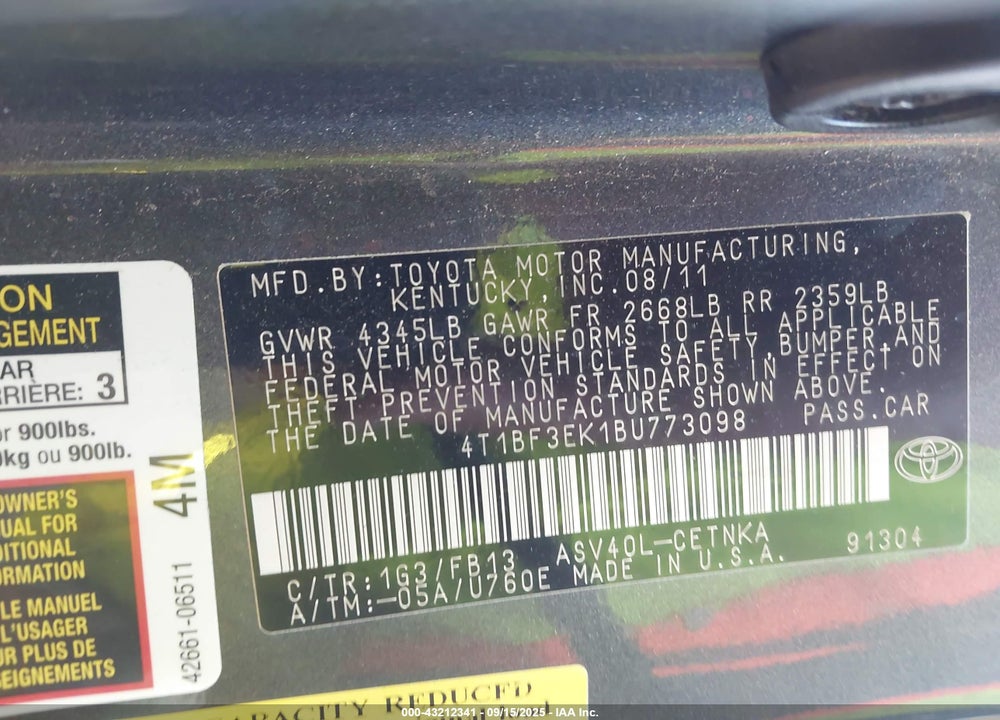 2011 TOYOTA CAMRY VIN: 4T1BF3EK1BU773098