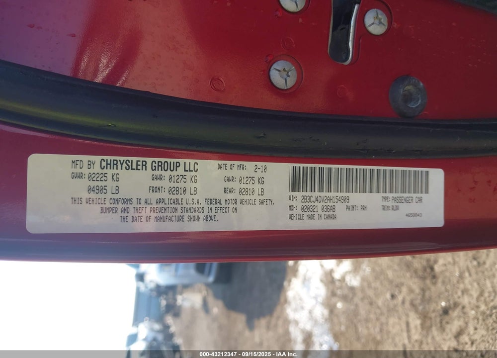 2010 DODGE CHALLENGER VIN: 2B3CJ4DV2AH154909