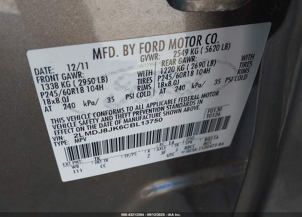 2012 LINCOLN MKX VIN: 2LMDJ8JK6CBL13750