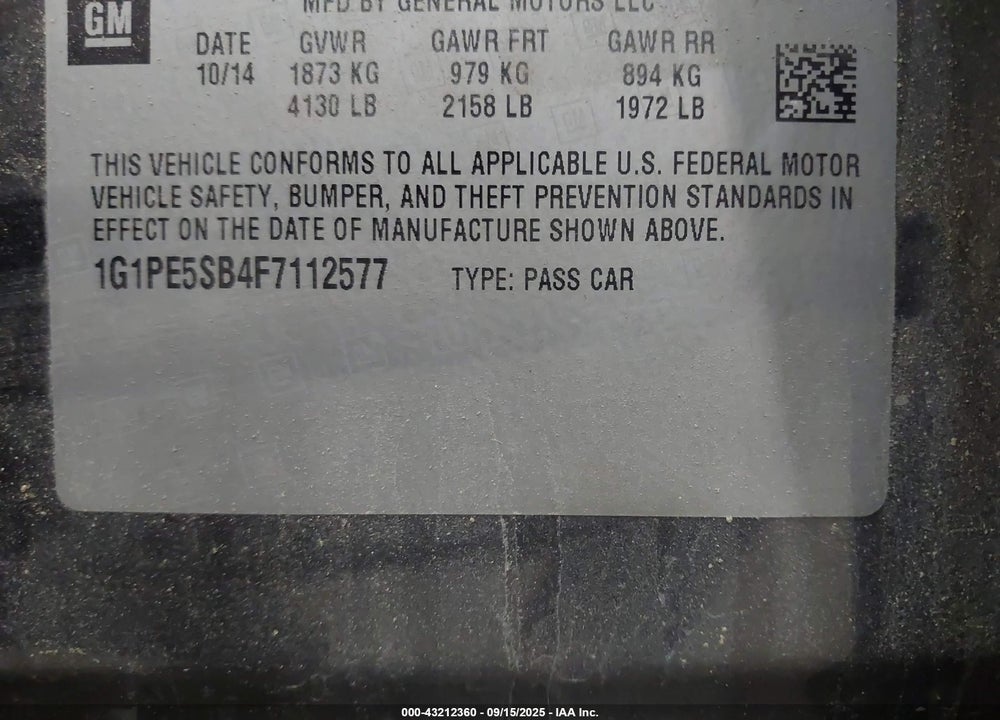 2015 CHEVROLET CRUZE VIN: 1G1PE5SB4F7112577