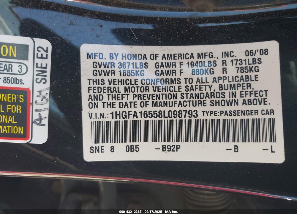 2008 HONDA CIVIC LX VIN: 1HGFA16558L098793